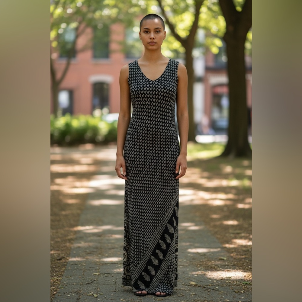 Chico's Design Black & White Beaded V‑Neck Maxi Dress size 1